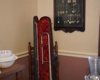 vintage trombone, sterling spoons, ladderback chair