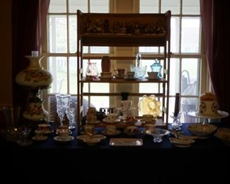 Hummel's, cup and saucers, Rookwood vase, cat bank, money changer, gone with the wind lamp