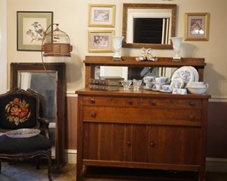 Vintage bird cage, oak buffet, needlepoint chair, Wedgwood Countryside dinnerware