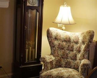 Ridgeway grandfather clock, wingback chair