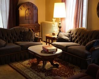 marble top Victorian table, loveseats
