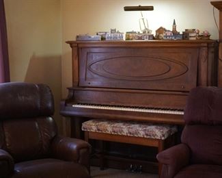oak upright piano, wood Avon buildings, recliner