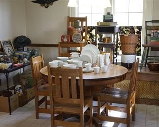 Round oak table w/4 chairs, Hitchcock chair, vintage pipes, vintage tins, banks, cookbooks, crocks, Longaberger basket, Arzberg dinnerware