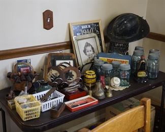 blue mason jars, pipes, banks, Matchbox cars