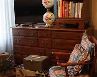 dresser w/mirror, nightstand, TV, gone with the wind lamp, New in box ceiling fan