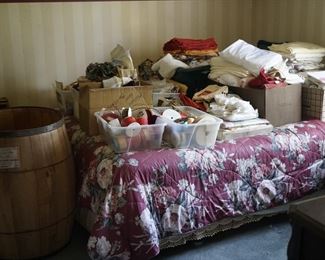 wooden barrel-assorted linens-ribbon