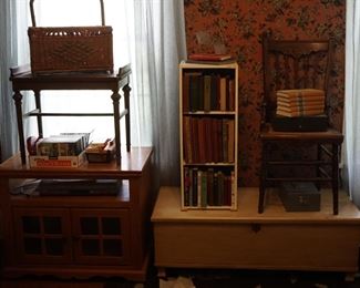 cedar chest, tv stand, vintage books