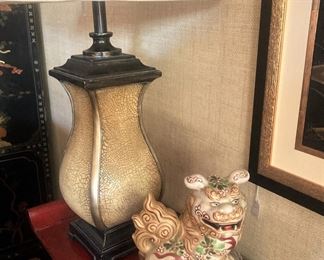 One of three matching lamps; foo dog