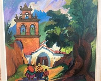 Framed art by Juan de la Cruz Machicado (from the Clara O'Donnell living estate) - This painting, acquired in 1999 from Contemporary Southwest Galleries in Santa Fe, depicts a church in a small village high in the Andes Mountains of Peru.