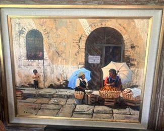 "Cruz Roja" by Artist Roger Williams (Oil, 30" x 36") - This was acquired in 1989 from the Lawrence Gallery in Taos. These ladies have chosen the sidewalk just outside the doors of Cruz Roja Mexicana (Red Cross of Mexico) to sell their produce.