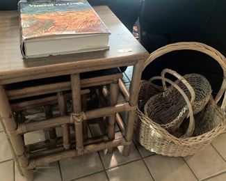 Bamboo nesting tables; baskets; Van Gogh coffee table book