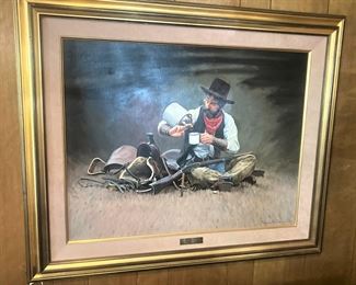 Framed art from the Clara O'Donnell living estate - "The Last Drop" by Thomas Lorimar (Oil, 24" x 30") - Acquired in 1987 at an auction conducted by Altermann Gallery, the author is from Arizona and gives a wonderful feeling of the cowboy out on the prairie.