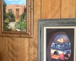 LEFT: "808 Camino de las Trampas" by Charles Rawle; it was the home of the O'Donnells in Santa Fe. RIGHT: "Colonial Interior" by Machecaido (Oil, 8" x 10")- It was acquired from the Columbine Gallery in Santa Fe in 1999; it portrays the prayerful interior of perhaps a convent in Peru, the home country of the artist.