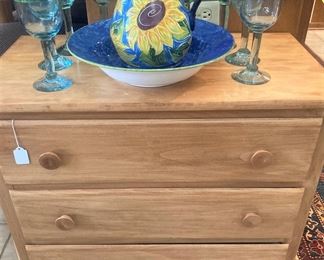 Three-drawer chest; glasses; bowl & pitcher