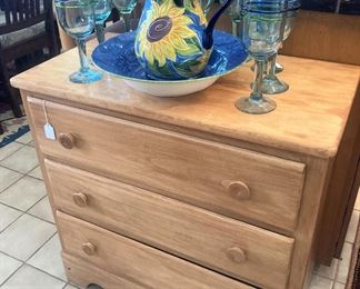 Three-drawer chest; glasses; bowl & pitcher