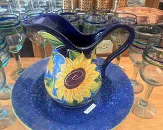 Colorful glasses; bowl & pitcher
