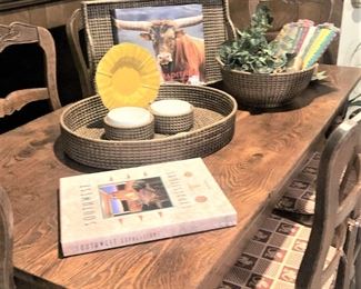 Table; Total of 8 chairs sold separately from the table; REAR; bronze statue "Winter Tracks" by Steve Crim- This was acquired in 1991 from a Dallas artist. He became known for his celebrity works including Baylor University Coach Grant Teaff and Dallas Cowboys Coach Tom Landry.