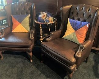 Matching leather wingback chairs; floor stand blue lapis gemstone world globe