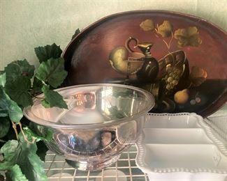 Silverplate bowl; wooden tray