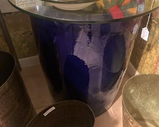 Blue glazed planter with glass top