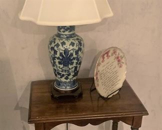 Another blue & white lamp; small side table