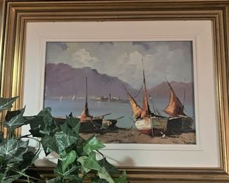 "Seaside" by Dia - (Oil, 13" x 18") - Acquired in 1980 in Majorca, Spain. It is of a quaint seaside in the French Riviera.