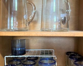 Glass pitchers; blue rim glasses