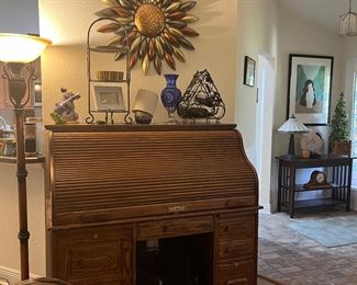 Vintage Roll top desk, pair of floor lamps
