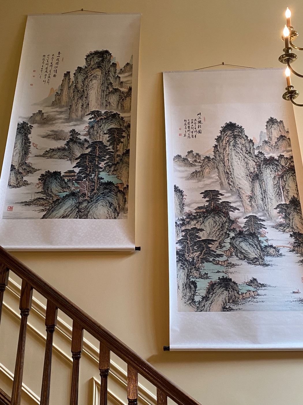 PAIR OF LARGE SIGNED CHINESE WATERCOLOR SCROLLS ON SILK PAPER