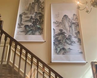 PAIR OF LARGE SIGNED CHINESE WATERCOLOR SCROLLS ON SILK PAPER