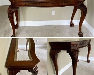 Glass top wooden sofa table w/claw feet