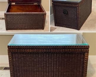 Large wicker trunk w/glass top and wood interior