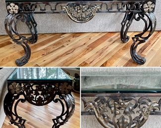 Glass and wrought iron ornate sofa table - HEAVY