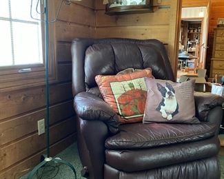 Leather Recliner and Lamp 