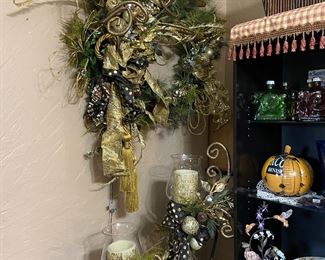 Beautiful hand decorated green and gold wreath with coordinating pair of decorated candle stands