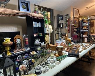 Art glass paperweights, vintage oil lamp with flower painted shade, matching of hurricane candles, so many misc unique pieces - zoom in to see what you can find