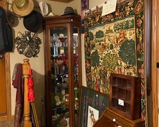 Oak roll top child's desk, curio filled art glass (Fenton, Blenko and other beautiful pieces), one of several tapestries, two coat of arms available.