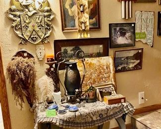 Coat of arms, numerous metal vases , lucite desk blotter, more wall art