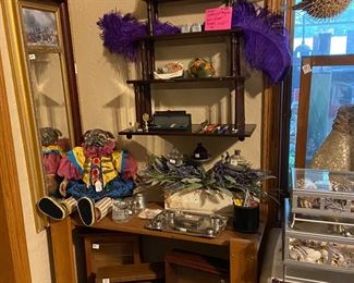 Several jewelry display cases, two hanging blow fish, and many more one-of-a-kind finds.