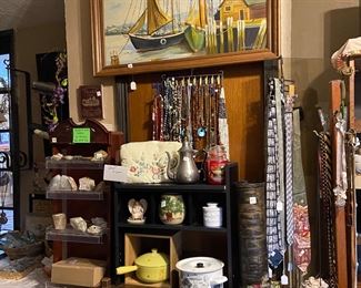 Chris Madden white pottery dishes, artist Steve Sakoman original signed Fisherman Wharf picture. Check out the misc. necklaces hanging - some turquoise available.