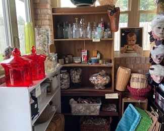 Vintage Soup of the Day 3-D sign, baskets and sea shells, vintage glass bottles