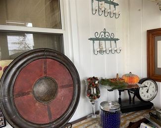 John Chatillon New York scale and other vintage items and several metal wall hangings and coat hooks