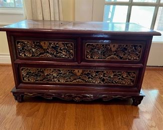 AVAILABLE FOR PRE-SALE:                                                      
20th Century Madurese Chest with Hand Carved Floral Decor                                                                                            L: 23"  W: 19"  H: 16"