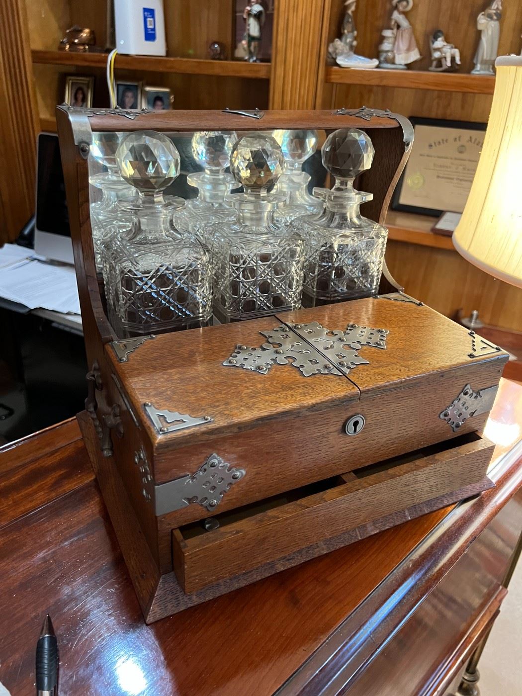 Antique Tantalus Glass Liquor Decanter Set