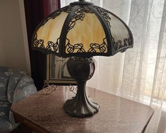 Bronze Base Slag Glass Table Lamp Handel Tiffany Era (Reserve Pricing - no discounts - please feel free to leave a bid)