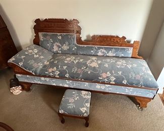 Antique fainting sofa with footstool (has a matching loveseat sold separately)