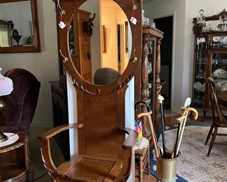 Antique Hall Seat/Tree with Hooks Mirror and Storage Bench