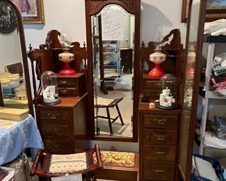 Antique teak dresser - center & side mirrors w/drawers