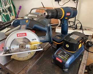 Ryobi 5 1/2 inch circular saw, Ryobi drill, two batteries, one charger, all sold together