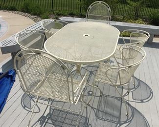 60" Oval Vintage Cream Wire Mesh Patio Table w/4 Barrel Chairs & 2 Bounce Highback Chairs 